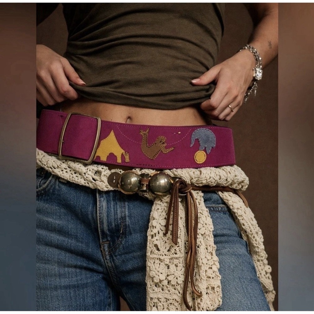 Anthropologie Circus Appliqué Suede Belt Fuchsia Wide Statement Festival Boho L